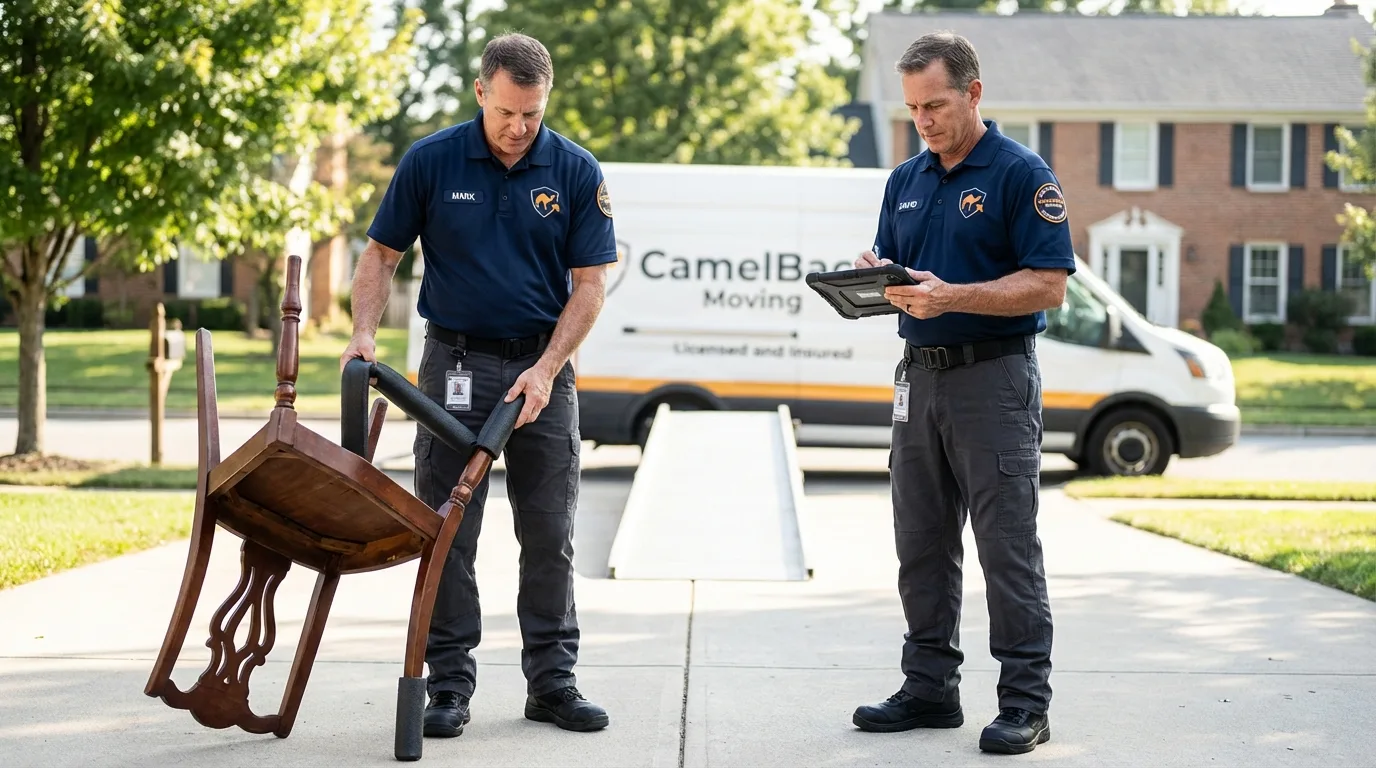 Movers inspecting furniture for damage prevention before loading in Blue Ridge, VA